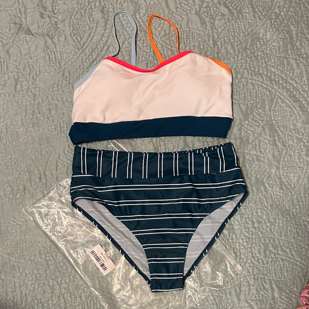 NWOT Bikini Set with Colorful Straps. Padded, sporty top & high rise bottom